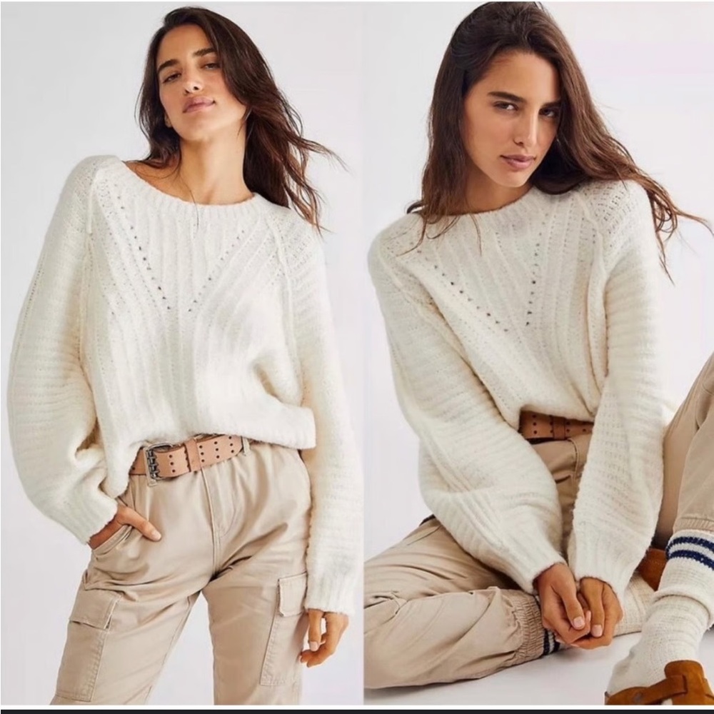 Free People Cream Knit Crew Neck Sweater